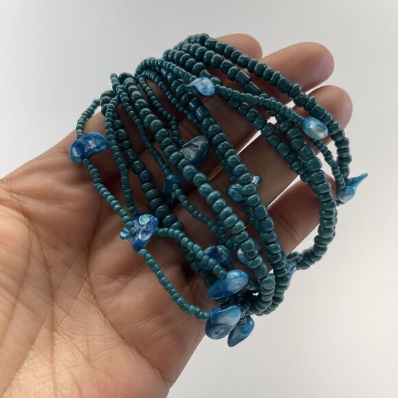 Vintage Stretch Bracelet Blue Turquoise Small Chip Mother of Pearl Wide B#8 - Picture 5 of 8